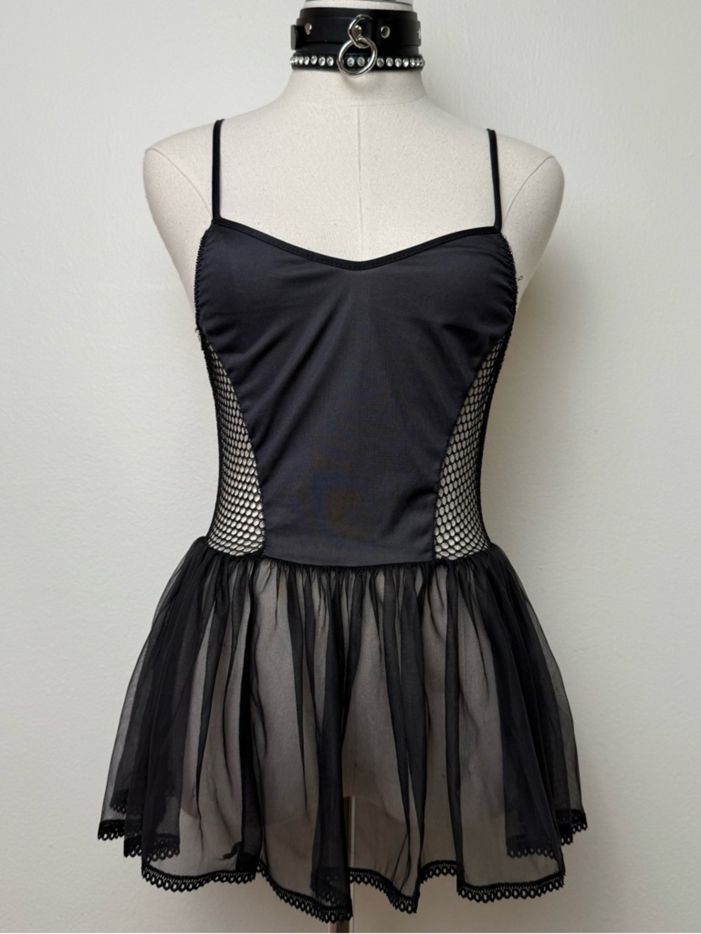 Vintage 90s Black Sheer Fishnet Nylon Sheer Skirt Lingerie Top Small